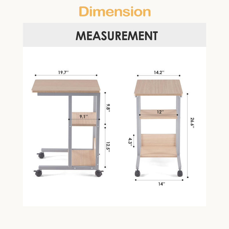 Table de bout en forme avec roues verrouillables, rangement à deux niveaux, table d'appoint roulante pour canapé ou chambre à coucher