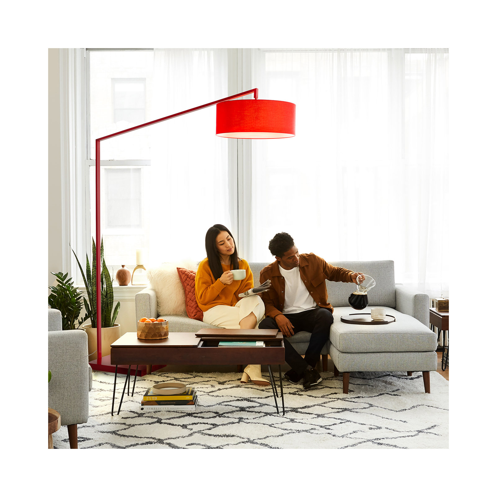 Stretch Arc Floor Lamp - 87", Step Switch, Rectangular marble base, Red
