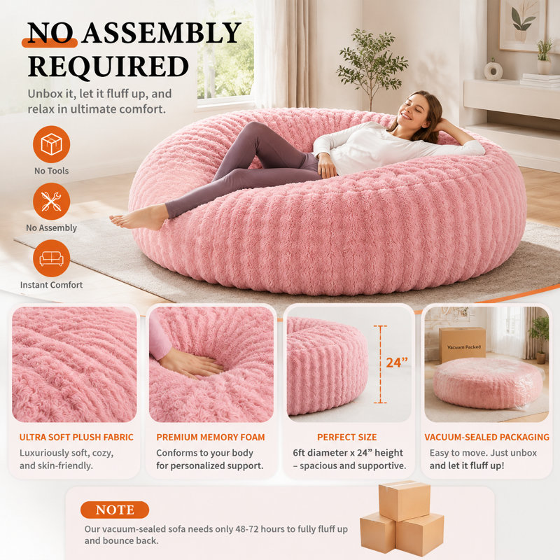 Fauteuil à billes 6 pi en fausse fourrure à bulles, très grand canapé rond en mousse à haute densité, Pink