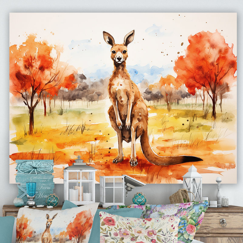 Kangourou brun et orange - Art mural animal kangourou, Toile tendue, H 34 po x l 44 po x P 1,5 po