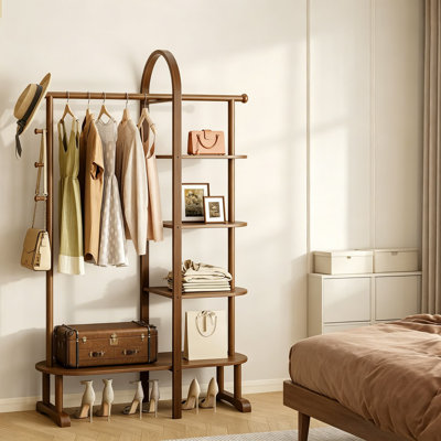 Portemanteau autoportant de 41,3 po de largeur 3-en-1, portemanteau en bois d'hévéa massif avec 4 tablettes et 5 crochets, portemanteau d'entrée avec tringle, pour salon de chambre à coucher, finition noyer