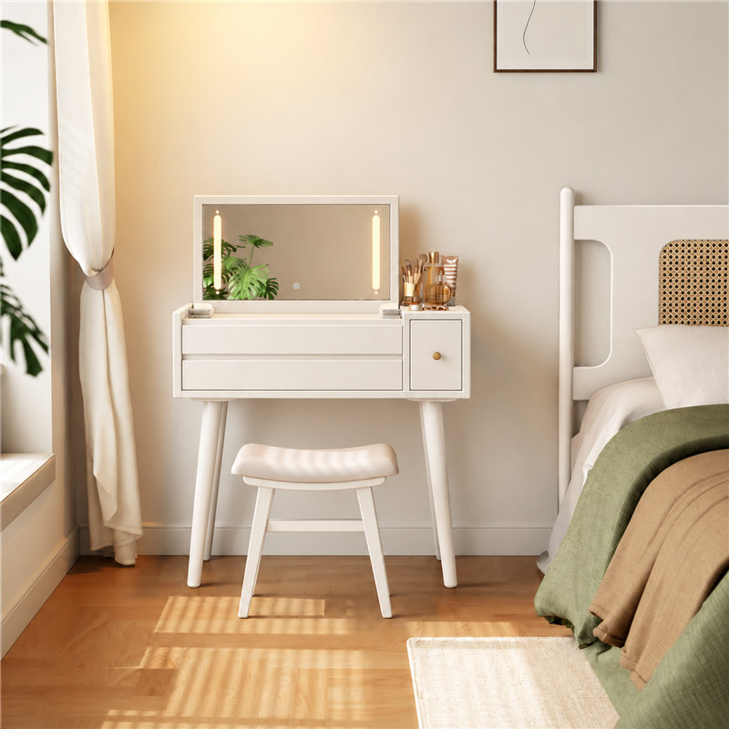 Coiffeuse à maquillage en bois massif Anita avec miroir rabattable et modes d'éclairage, L 31,4 po, Blanc