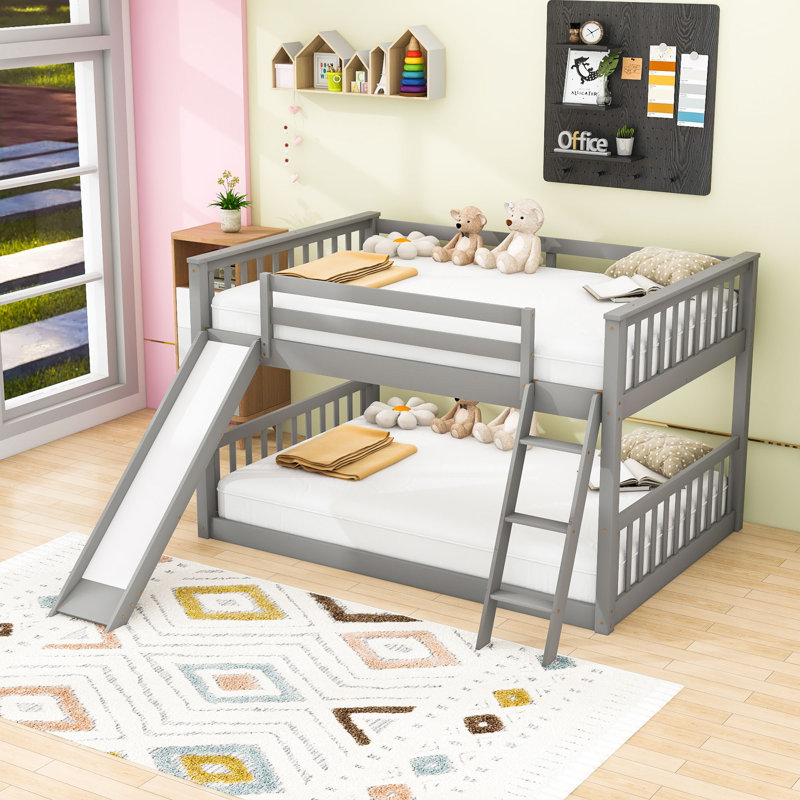 Lit superposé double au-dessus de double avec glissière convertible et échelle, Gris