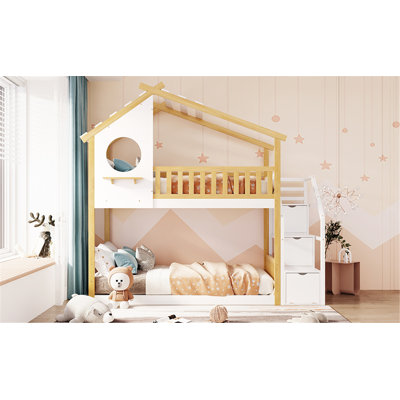 Stairway Twin-Over-Twin Bunk Bed, House Bed with Storage and Guard Rail for Safe and Fun Sleeping