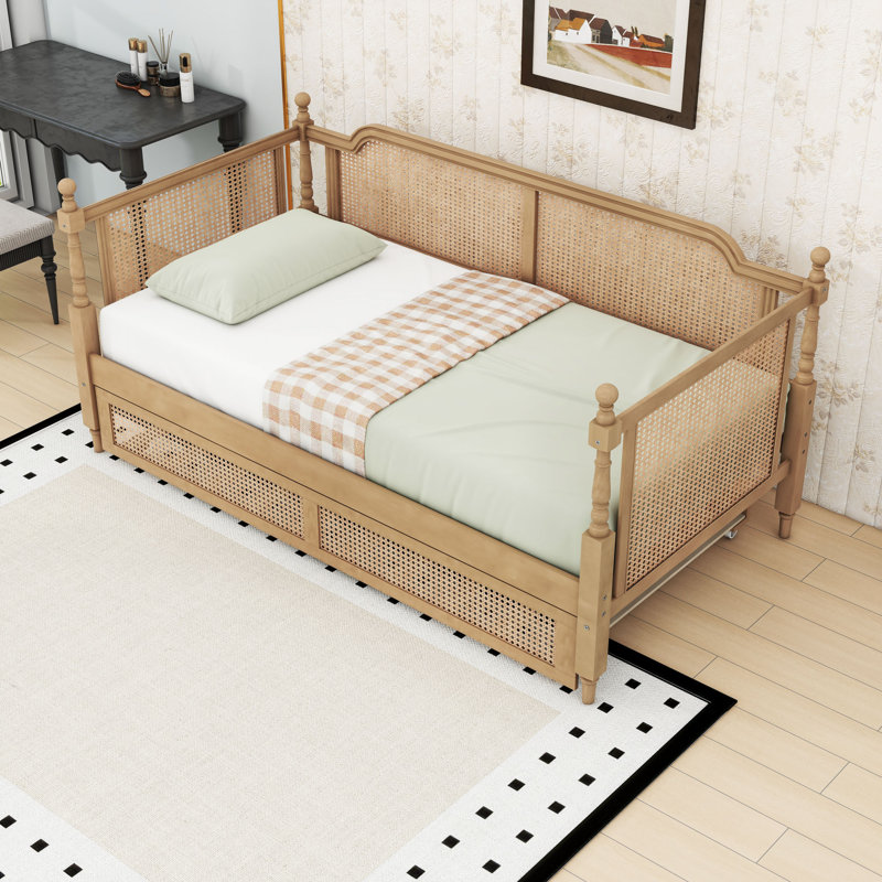 Wood Daybed with Trundle and Rattan Frame, Twin, Antique Walnut