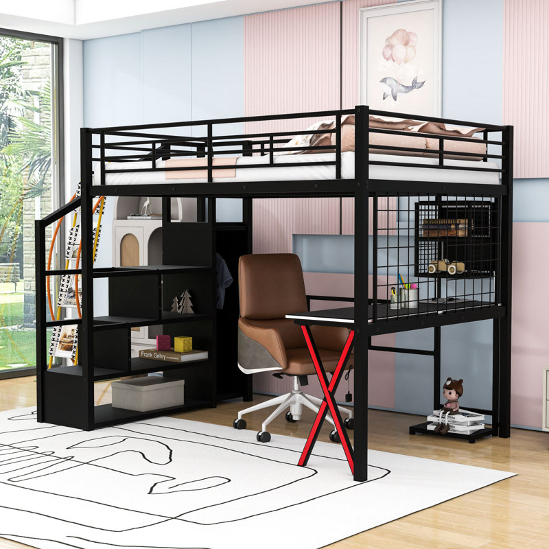 Loft Bed With LED Strip, Built-In Desk, Open Wardrobe, Storage Stairs And Guardrails, Full, Black