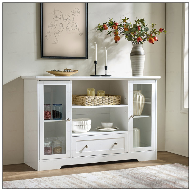Buffet de rangement polyvalent avec portes en verre et tablettes ouvertes, idéal pour une organisation moderne et élégante
