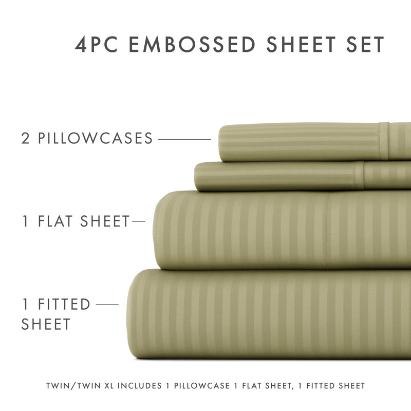Becky Cameron Striped Embossed 4 Piece Bed Sheet Set, Sage, Cal.King Sheet Set + Fitted Sheet + 2 Pillowcases