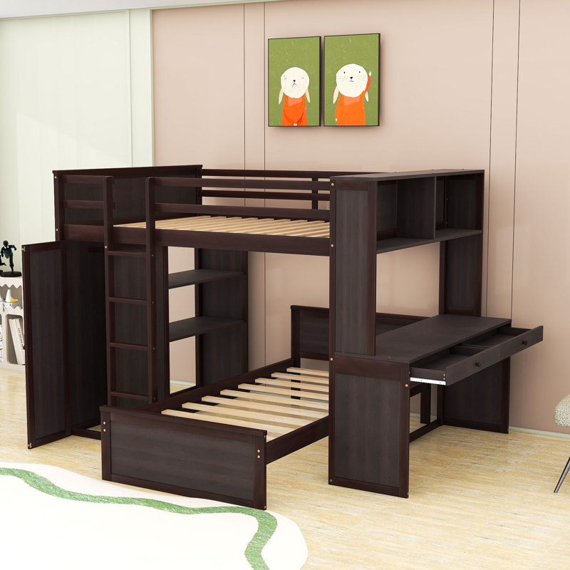Lit superposé avec bureau, tablettes et tiroirs, garde-robe, Double sur simple, Espresso