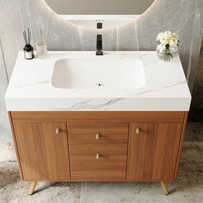 36" Contemporary Freestanding Vanity With Sintered Stone Surface, Ceramic Basin, And Side Drawer Compartments - Great For Organizing Toiletries Ultra Modern Bathroom Faux Marble Stone, White Sink,