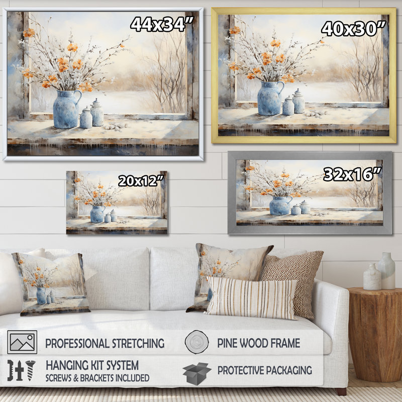 «Cottage In Winter Window Charm I», art mural fenêtres de ferme, Cadre d'angle fermé noir, H 34 po x l 44 po x P 1,5 po