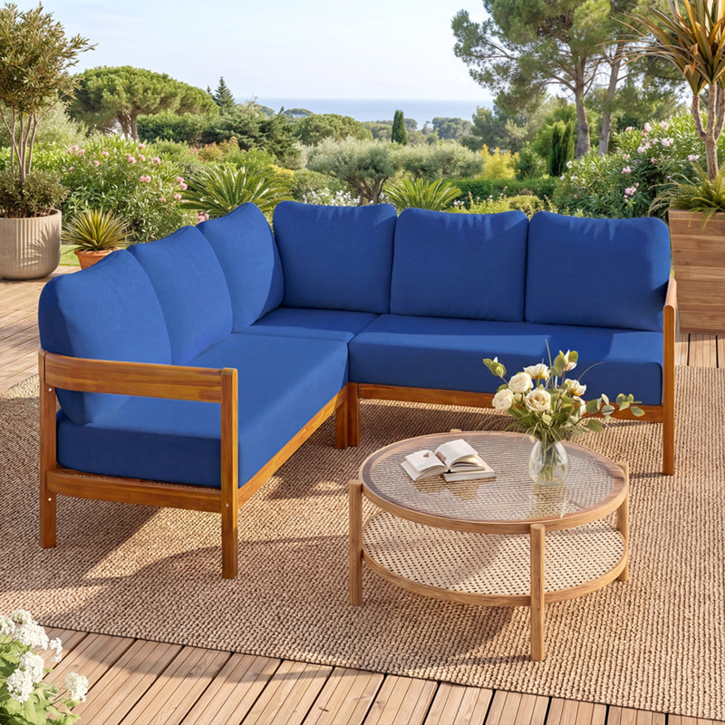 Ensemble de canapé d'extérieur Wodden avec pieds robustes et coussin moelleux, Bleu