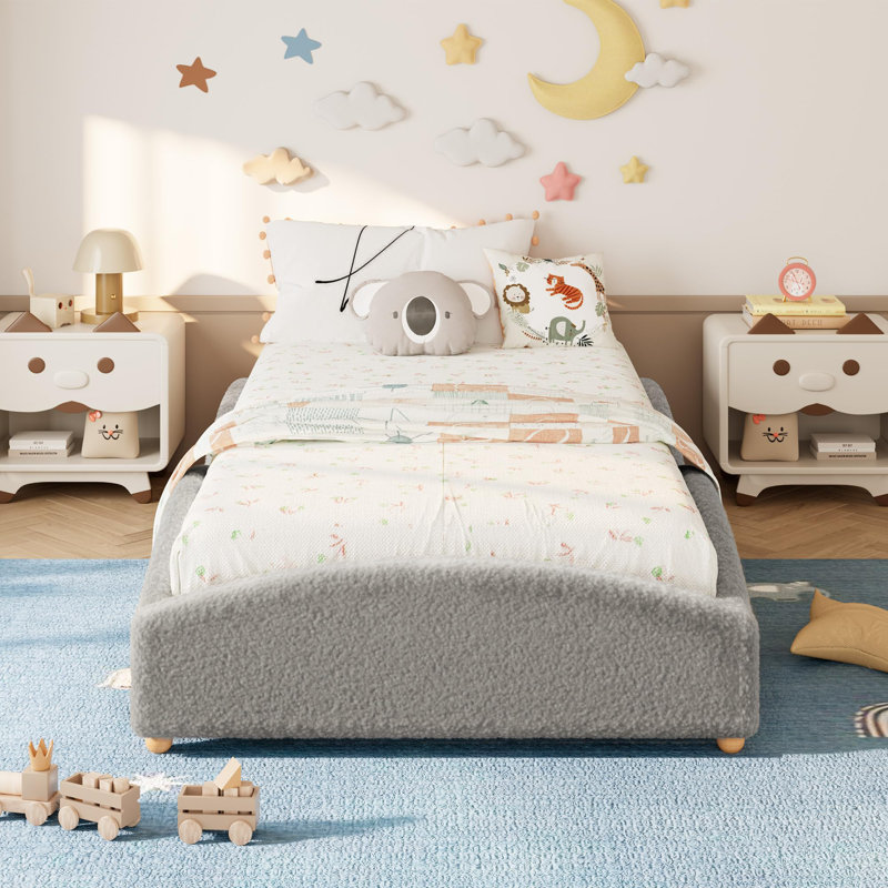 Lit de jour simple avec revêtement en peluche Teddy, structure de lit Cloud avec côtés surélevés, plateforme basse Montessori pour les tout-petits, aucun sommier nécessaire, gris