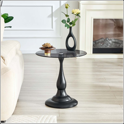 Table d'appoint moderne noir mat avec plateau en verre trempé
