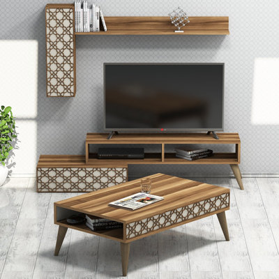 Modern Living Room Furniture Set, Walnut & Cream - TV Unit (59.1 x 14.6 x 15.0 in), Wall Shelf (55.1 x 8.7 x 27.6 in), Coffee Table (41.3 x 23.6 x 14.6 in) | 100% Melamine Coated Particle Board, Stylish & Functional Design, Wall-Mountable Shelves