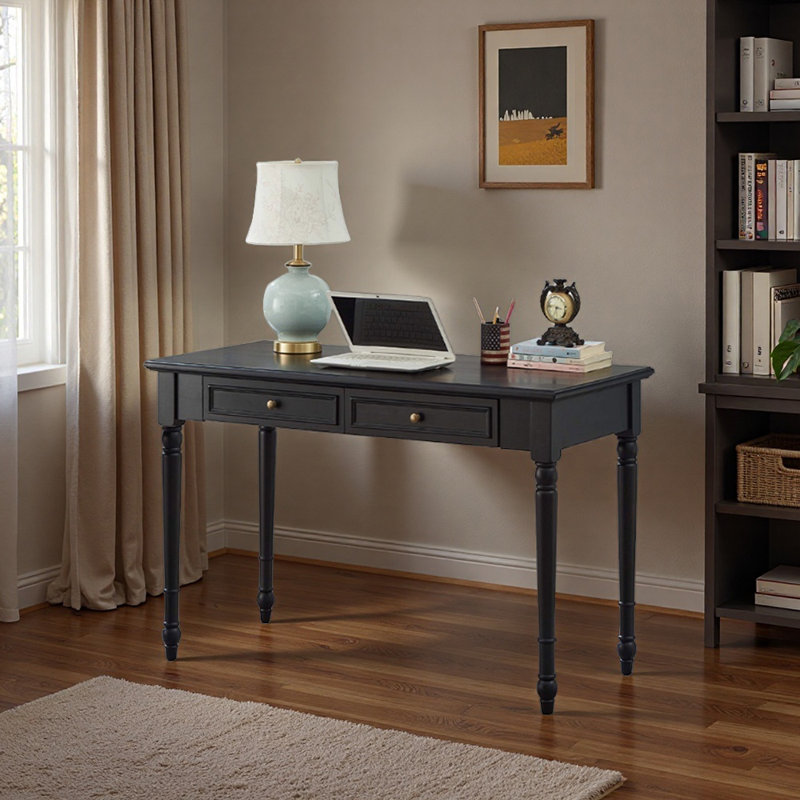 Bureau d'écriture à double tiroir en bois d'hévéa noir, H 29,92 po x l 47,24 po x P 23,62 po