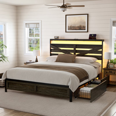 Livia Bed Frame with 4 Drawers & Storage Headboard, Stable Bed with LED Light & Charging Station, No Box Spring Needed