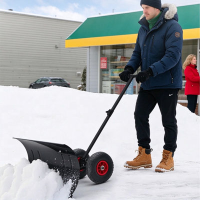 Weather-Resistant 29-Inch Manual Snow Pusher with Rolling Wheels for Driveway and Sidewalk