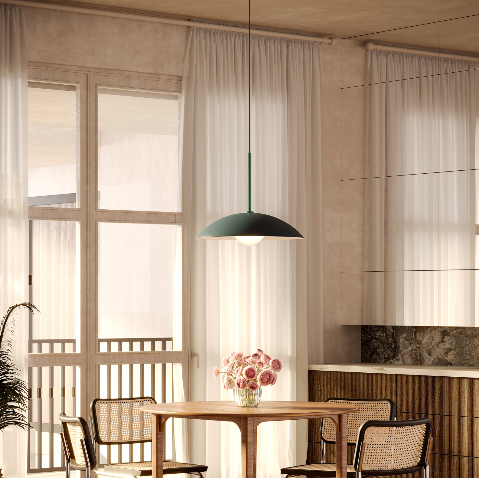 Huxley Single Light Steel Dimmable Pendant, Green