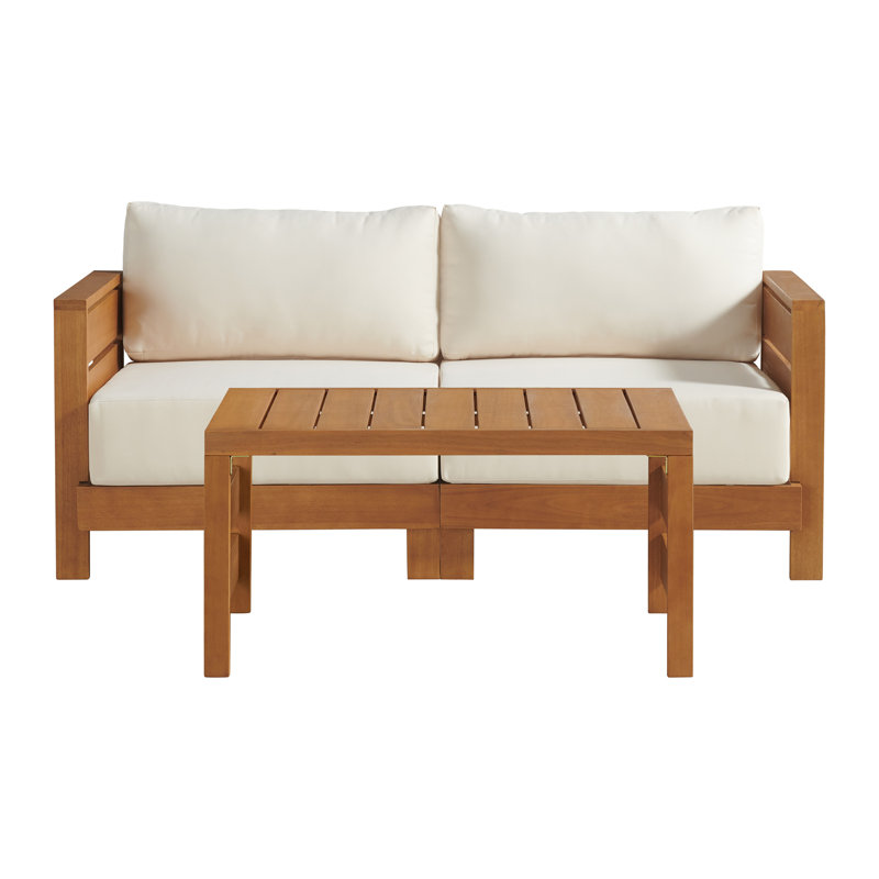Barton 36"D Solid Wood 2 Seat Outdoor Couch 1 Pc Coffee Table Weather Stain Fade Resistant Cushions, White, Brown
