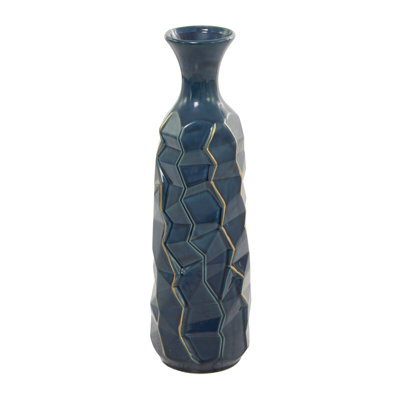 Renick Ceramic Faceted Decorative Teal Vase with Gold Accents