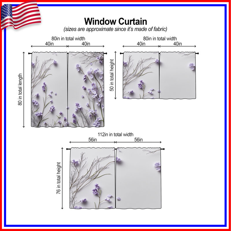 Lavender Window Curtains Floral Sheer & Room Darkening - 2 Panels, 20in x 50in - 2 panels, Room Darkening