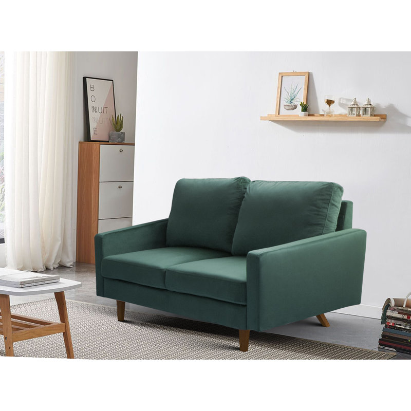 Causeuse à accoudoirs carrés, Velours vert, H 35 po x l 60 po x P 33 po