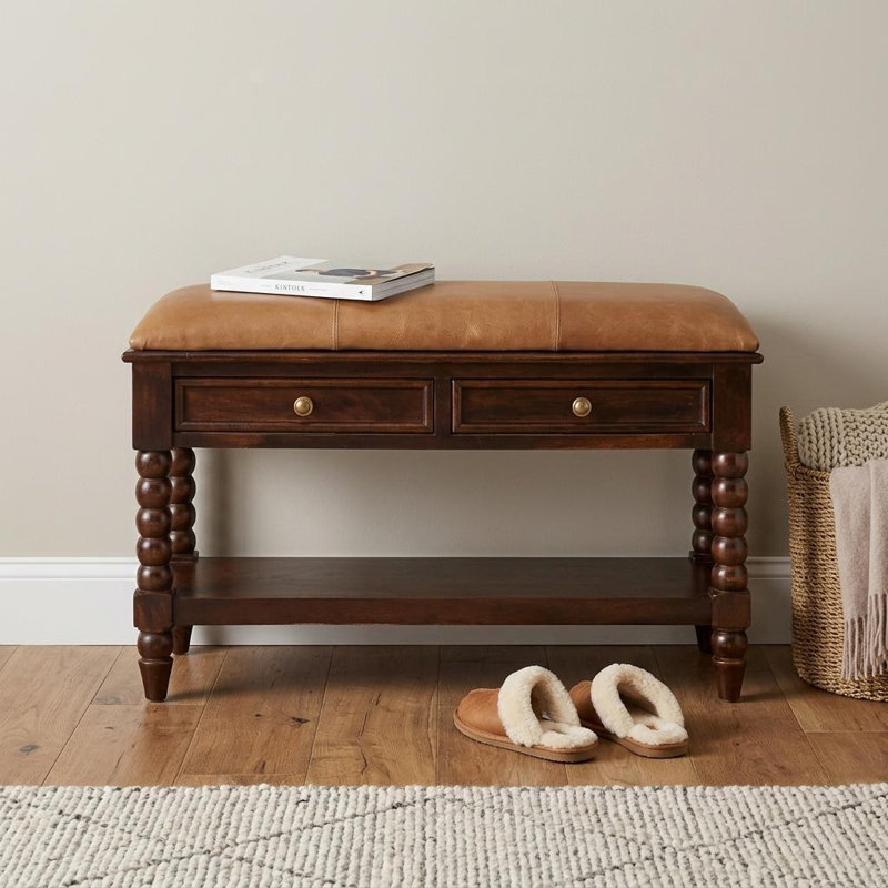  Banc de rangement rembourré en cuir véritable brun clair et brun foncé de 35 pouces avec tiroirs et tablettes