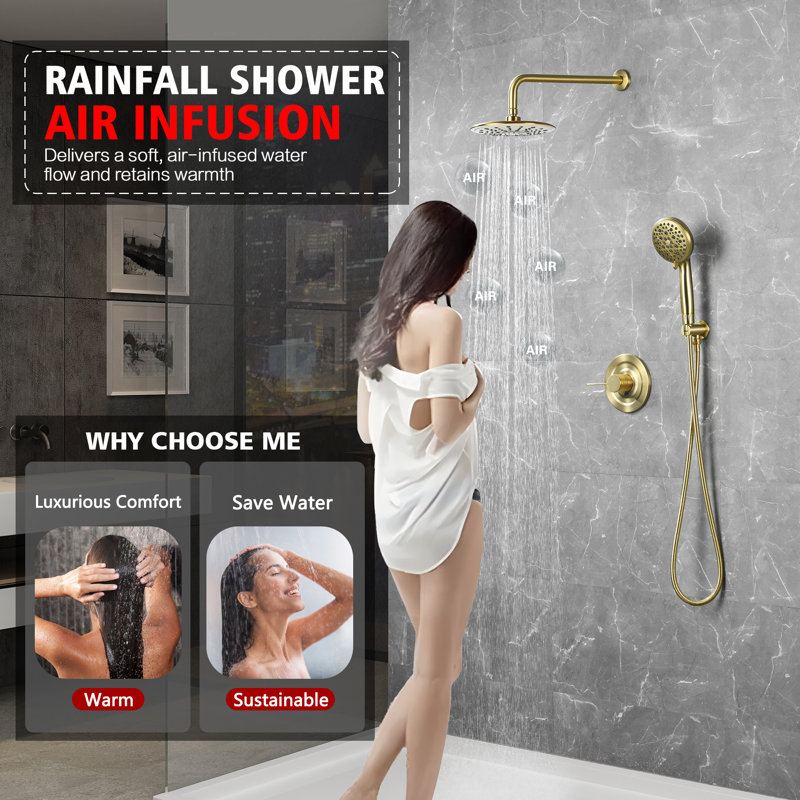 SUMERAIN Shower System Set with 9 Inch Rain Shower Head and 9 Settings Spray Hand Shower with Hard Water Filter, Brushed Gold