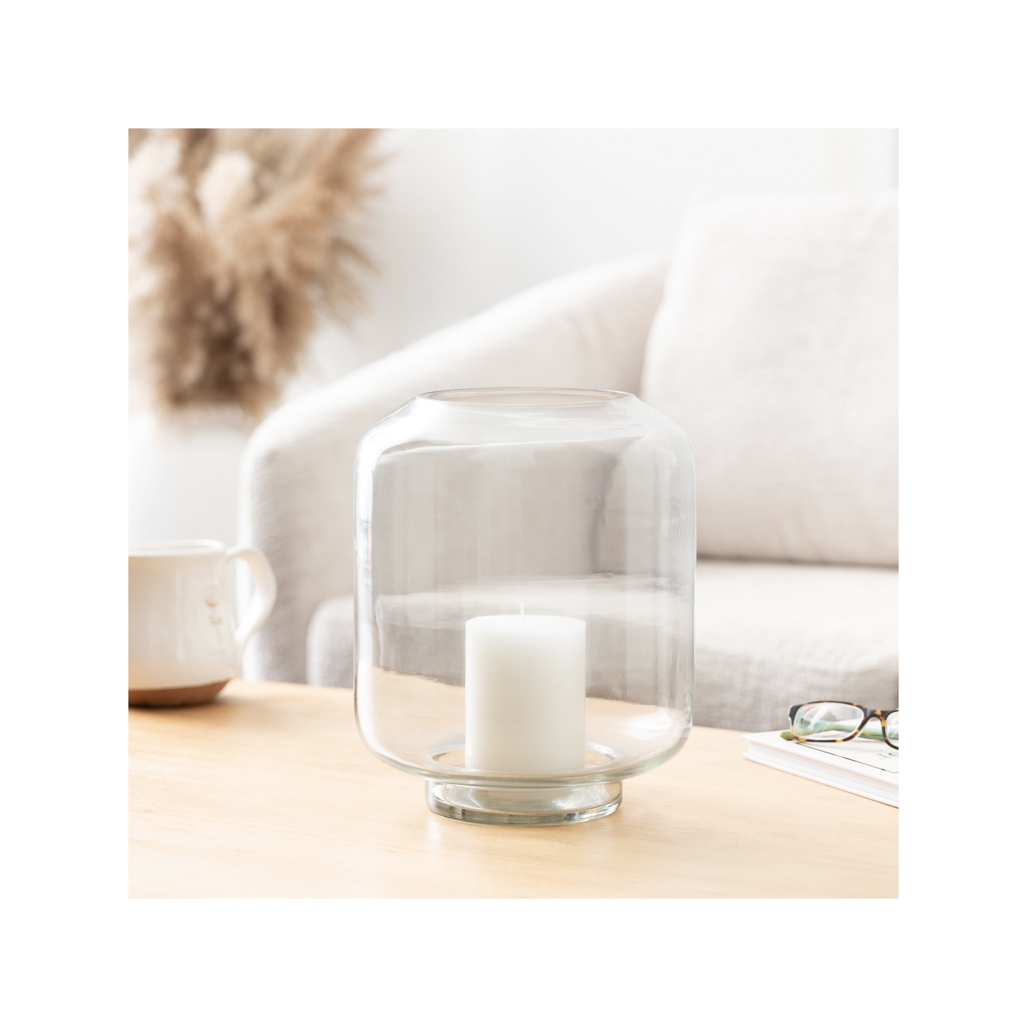 Cole and Grey Glass Wide Clear Room Hurricane Lamp with Elevated Base, Clear, 10" H x 9" W x 9" D