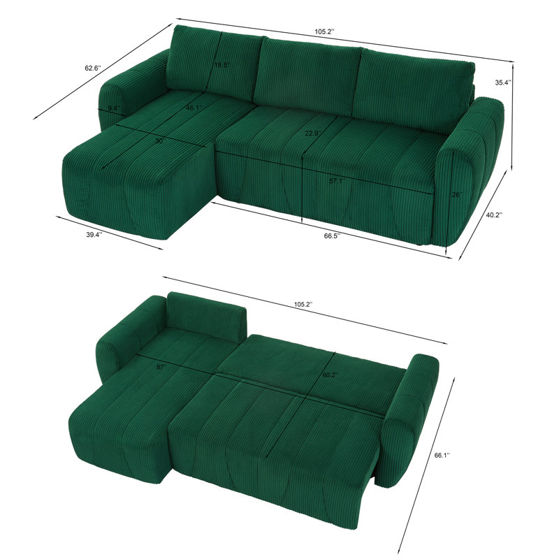 Hokku Designs 105" L-Shaped Convertible Sofa Couch, Adjustable Backrest Sleeper Sofa Bed, Green Corduroy