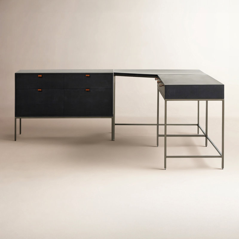 Trey Desk System With Wide Filing Cabinet,  Black Wash Poplar