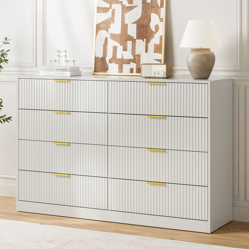 Fluted Dresser For Bedroom With 8 Drawers, 55" Wide White Modern Chest Of Drawers With Metal Handle, White