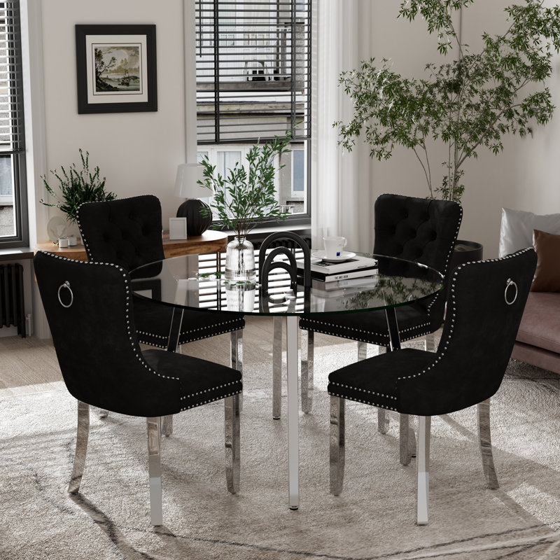Ensemble de table de salle à manger 5 pièces, H 29,5 po x L 47 po x l 47 po, Noir, noir, noir, noir, Argent argent