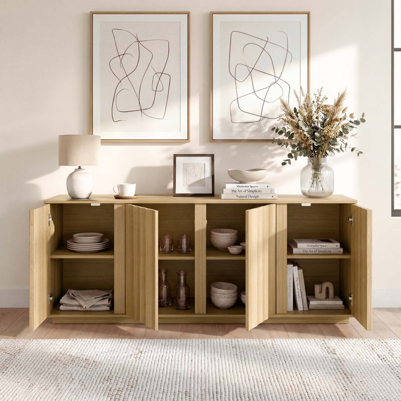 63''W Modern Fluted Sideboard with Adjustable Shelves, Oak