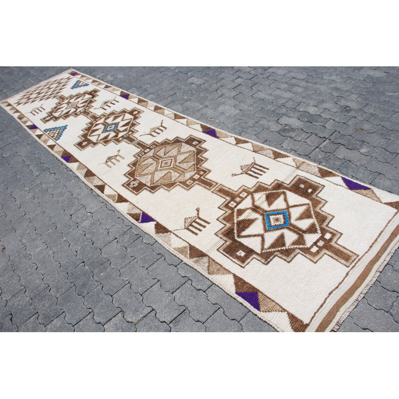 Handcrafted Vintage Turkish Wool Runner Rug with Geometric Patterns for Bohemian Rustic Decor