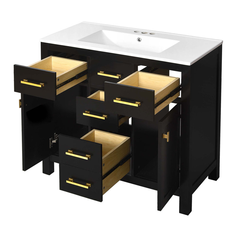 Ensemble de meuble-lavabo 36 po avec lavabo en céramique, meuble-lavabo simple autoportant moderne à 4 tiroirs et 2 armoires, meuble de rangement pour la salle de bain, ensemble de meuble-lavabo à cadre en bois massif