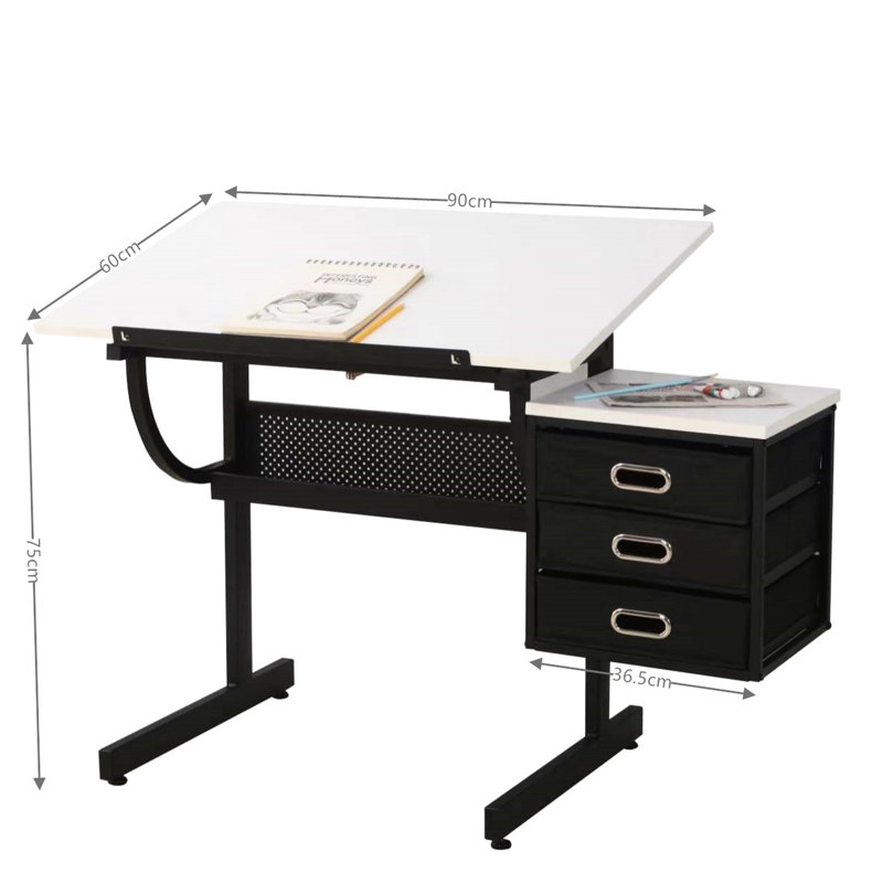 Table à dessin blanche avec 3 tiroirs et tabouret blanc, robuste pour diverses techniques de peinture