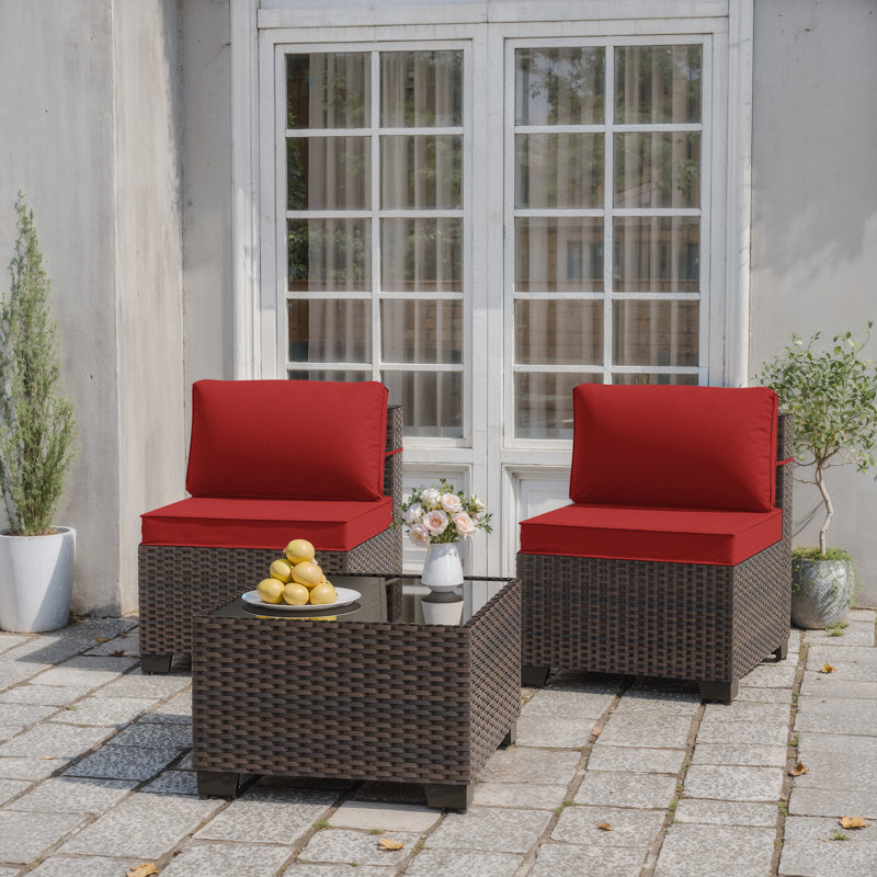Kalinowski 3-Piece Outdoor Patio Furniture Set With Splash Proof Cushions Tempered Glass Coffee Table And Adjustable Feet Wicker Sofa With Seat Clips For Stability
