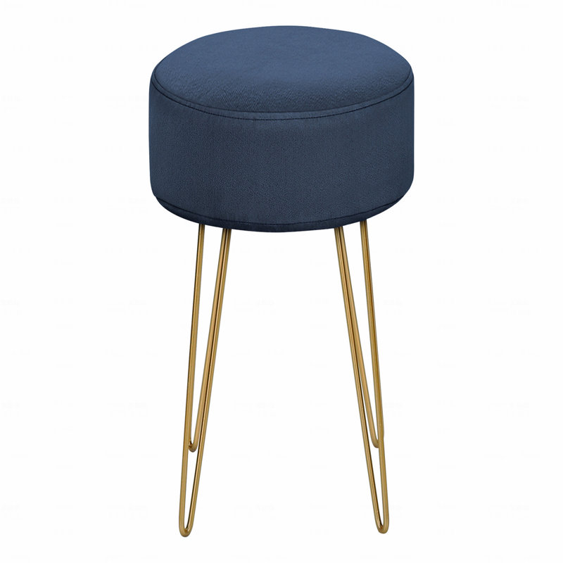 14" Round Blue Velvet Ottoman with Gold Hairpin Legs