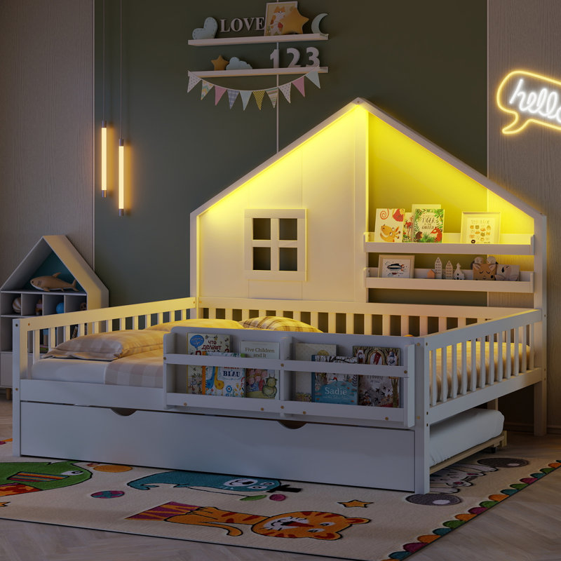 Structure de lit simple en bois avec lit gigogne, tablettes et éclairage pour enfants, blanc, Lit double, Blanc