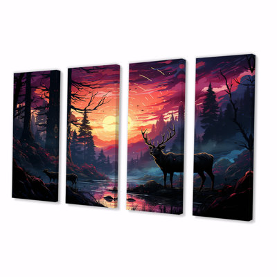 «Deer Moonlit Landscape III - Deer Landscape», art mural sur toile 4 pièces