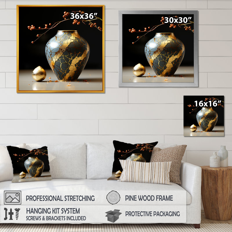 Japon, poterie Kintsugi doré I - Japon, art mural, Cadre doré simple, H 24 po x l 24 po x P 1 po