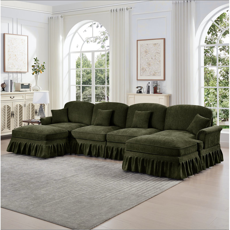 Canapé modulaire classique à 4 places modulaire en U avec accoudoirs évasés et volants amovibles, jupes plissées et pieds fuselés, canapé en nuage à assise profonde en chenille avec repose-pieds mobile