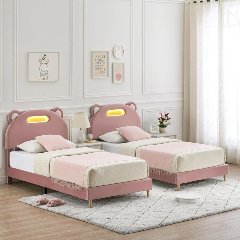 Lit plateforme double capitonné en velours rose pâle – Tête de lit DEL, sommier à lattes en bois robustes, silencieux, sans sommier tapissier, montage facile, taille simple