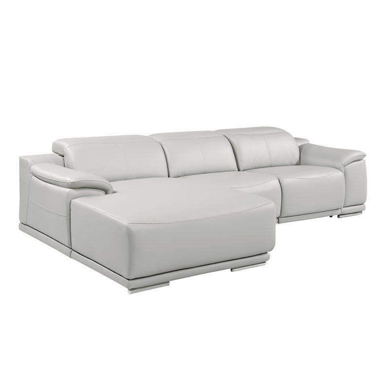Canapé modulaire en L en cuir véritable 3 pièces gris clair avec 2 fauteuils inclinables et appuis-tête réglables orientés vers la gauche