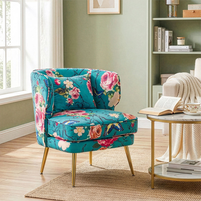 Lemley Floral Velvet Barrel Accent Chair With Lumbar Pillow - Mid Century Modern Upholstered Small Space Reading Chair With Gold Metal Legs For Living Room, Bedroom