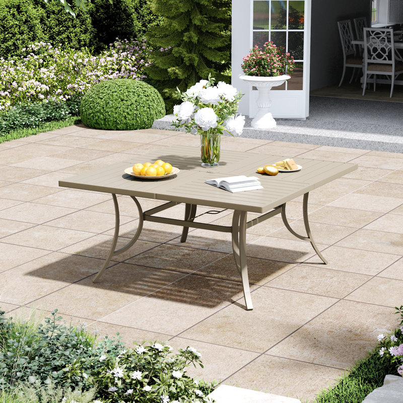 Square Metal Outdoor Dining Table With Umbrella Hole , 59.1'' in. W 59.1'' in. D, Cream