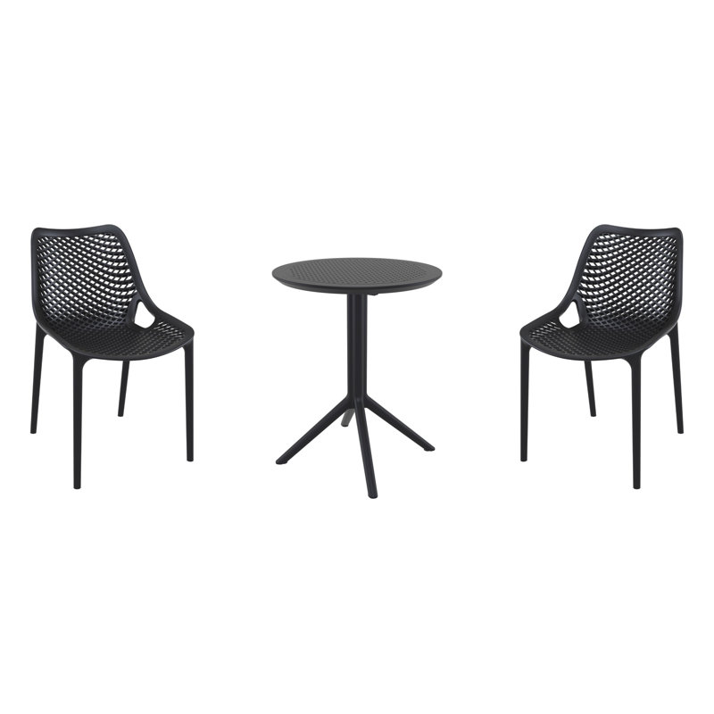 Farrah 23.6" W Round Plastic 3-Piece Patio Bistro Set with Stackable Chairs, Black