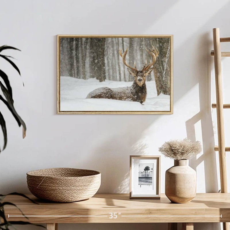 Wapiti recouvert de neige, Cadre flottant en bois naturel, 19 po x 13 po